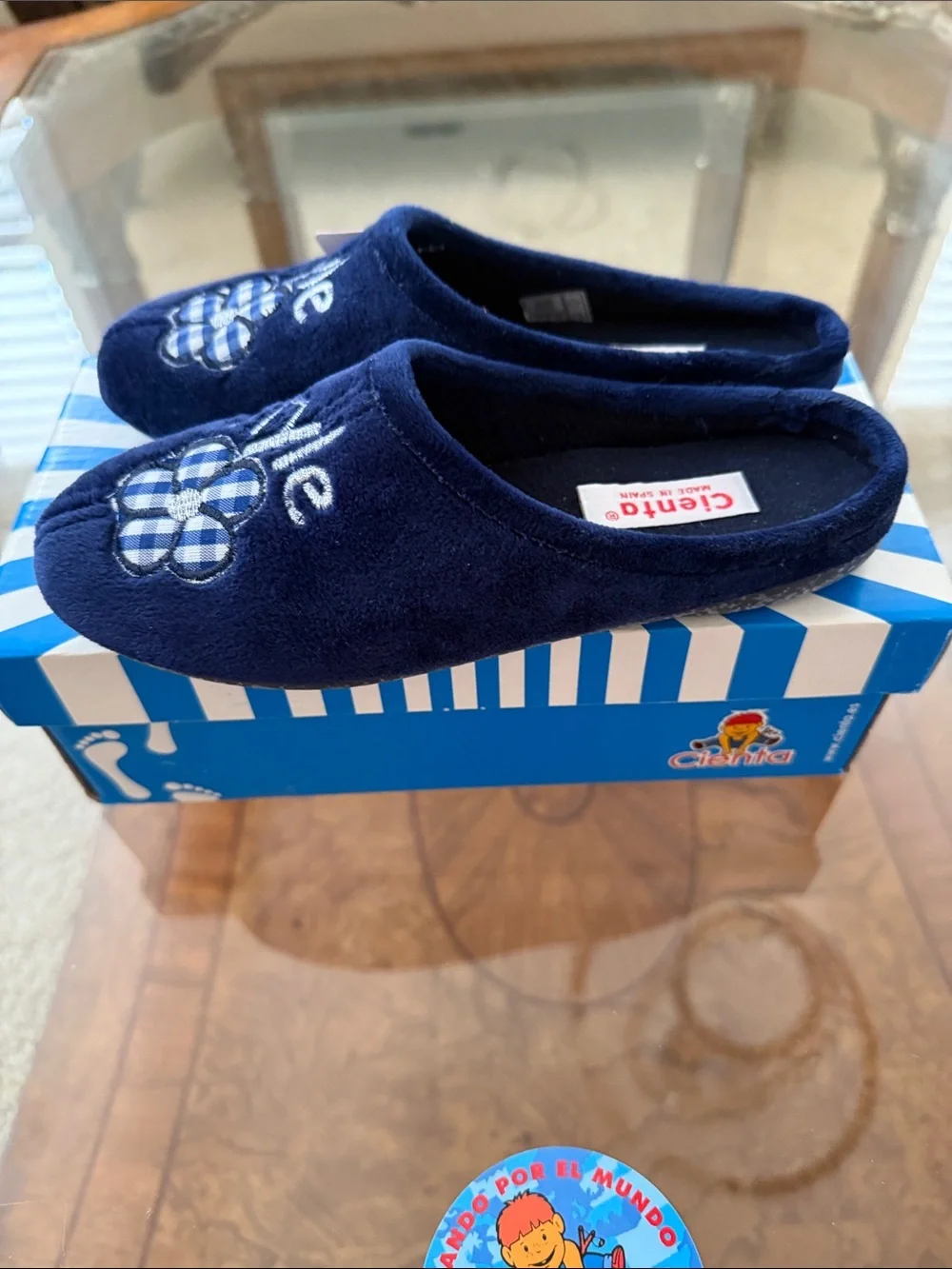 Cienta 💙 Navy Blue Kids Slip-On Slippers Shoes Style Plaid Heart 33